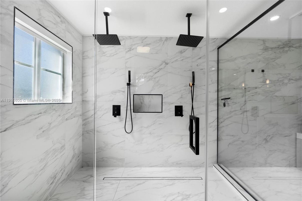Bathroom, Glass Shower, Interior, Marble Walls, Recessed Lighting