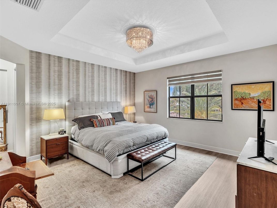 Bedroom, Chandelier, Interior, Wood Texture Flooring