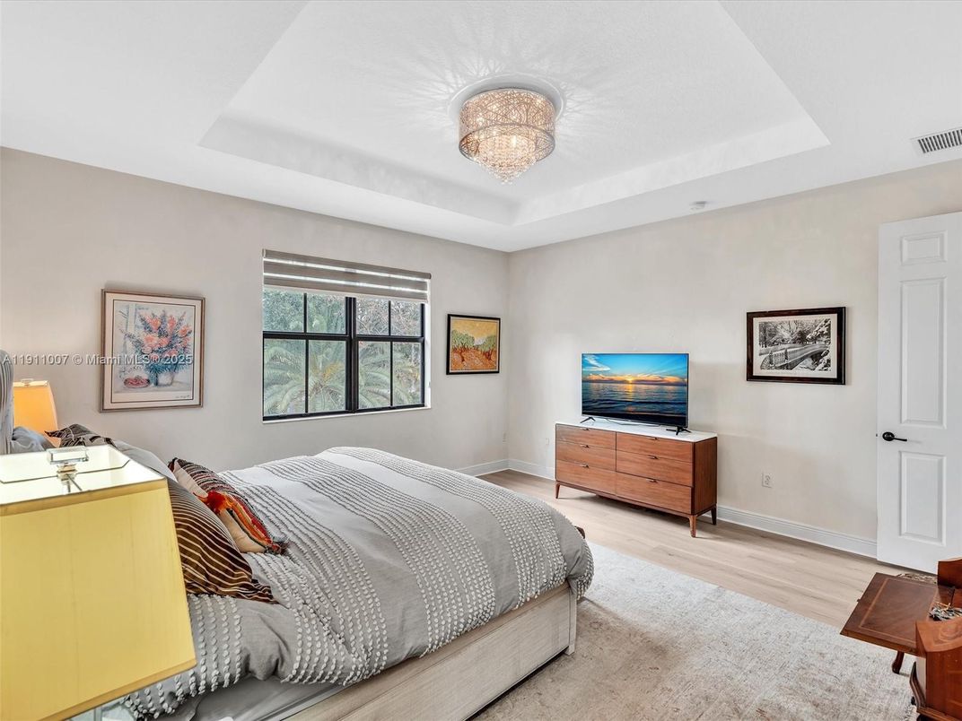 Bedroom, Chandelier, Interior, Wood Texture Flooring