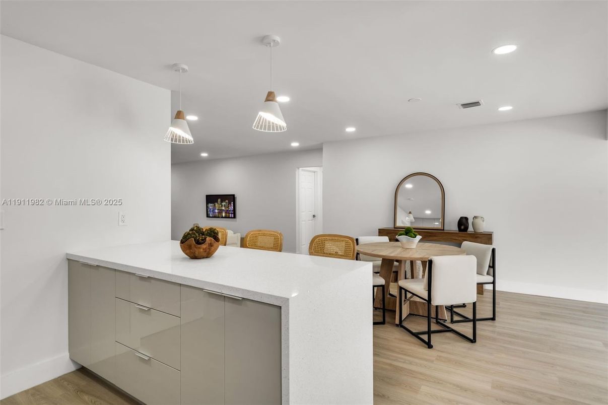 Dining room, Interior, Pendant Lights, Recessed Lighting, Wood Texture Flooring