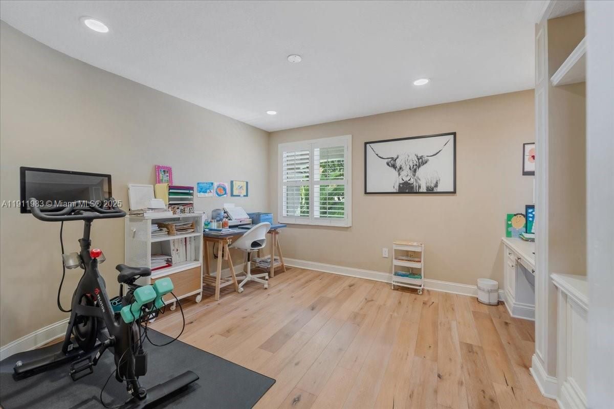 Fitness Equipment, Home Office, Interior, Recessed Lighting, Wood Texture Flooring