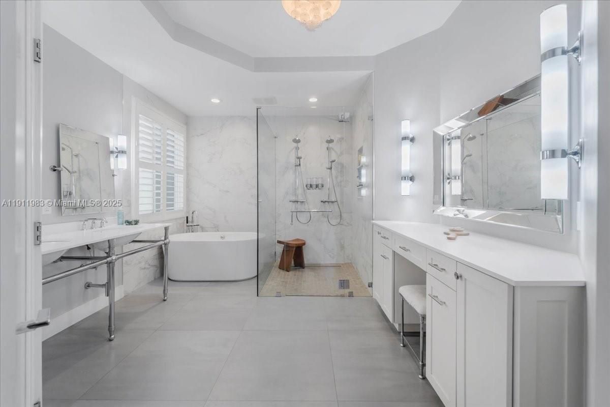 Bathroom, Free Standing Baths, Glass Shower, Interior, Marble Walls, Recessed Lighting