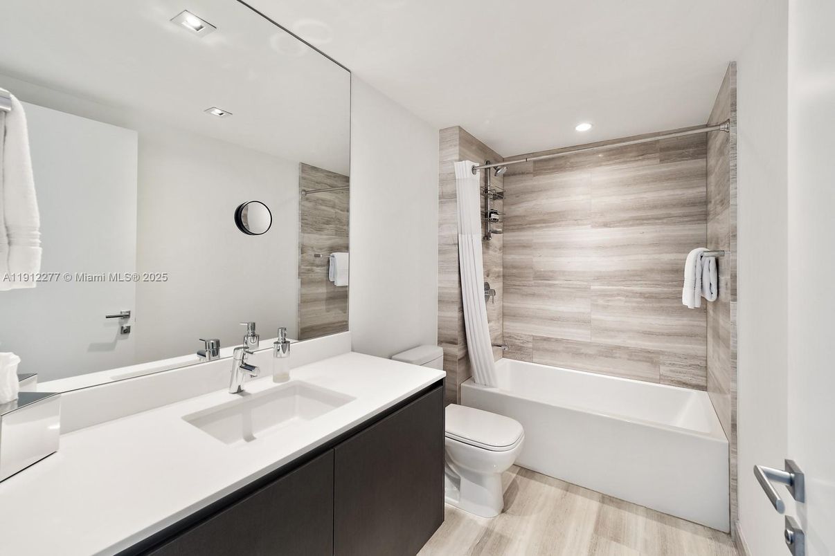 Bathroom, Glass Shower, Interior, Recessed Lighting, Wood Texture Flooring