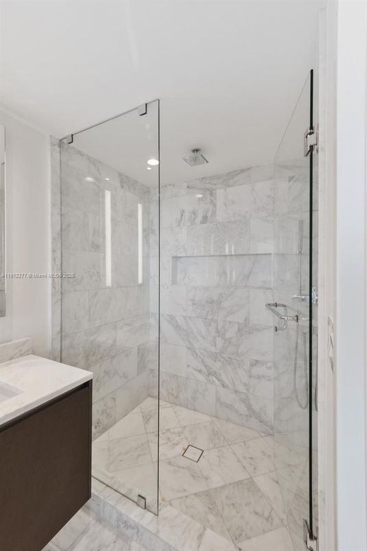 Bathroom, Glass Shower, Interior, Marble, Marble Walls, Recessed Lighting