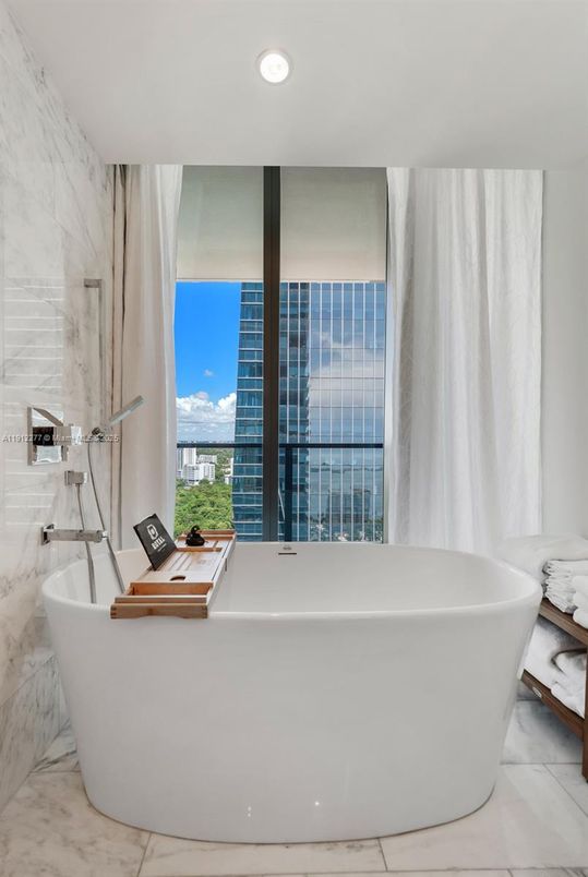 Bathroom, Free Standing Baths, Interior, Marble, Marble Walls, Recessed Lighting