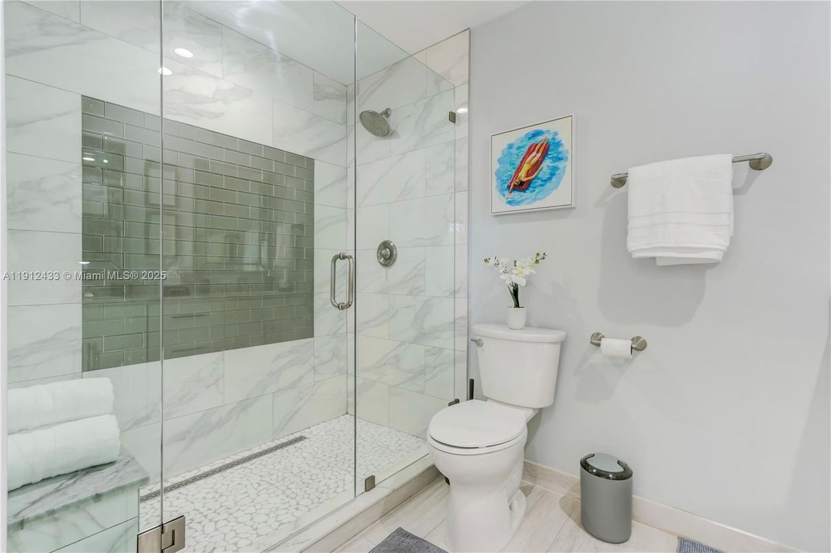 Bathroom, Glass Shower, Interior, Marble Walls, Recessed Lighting