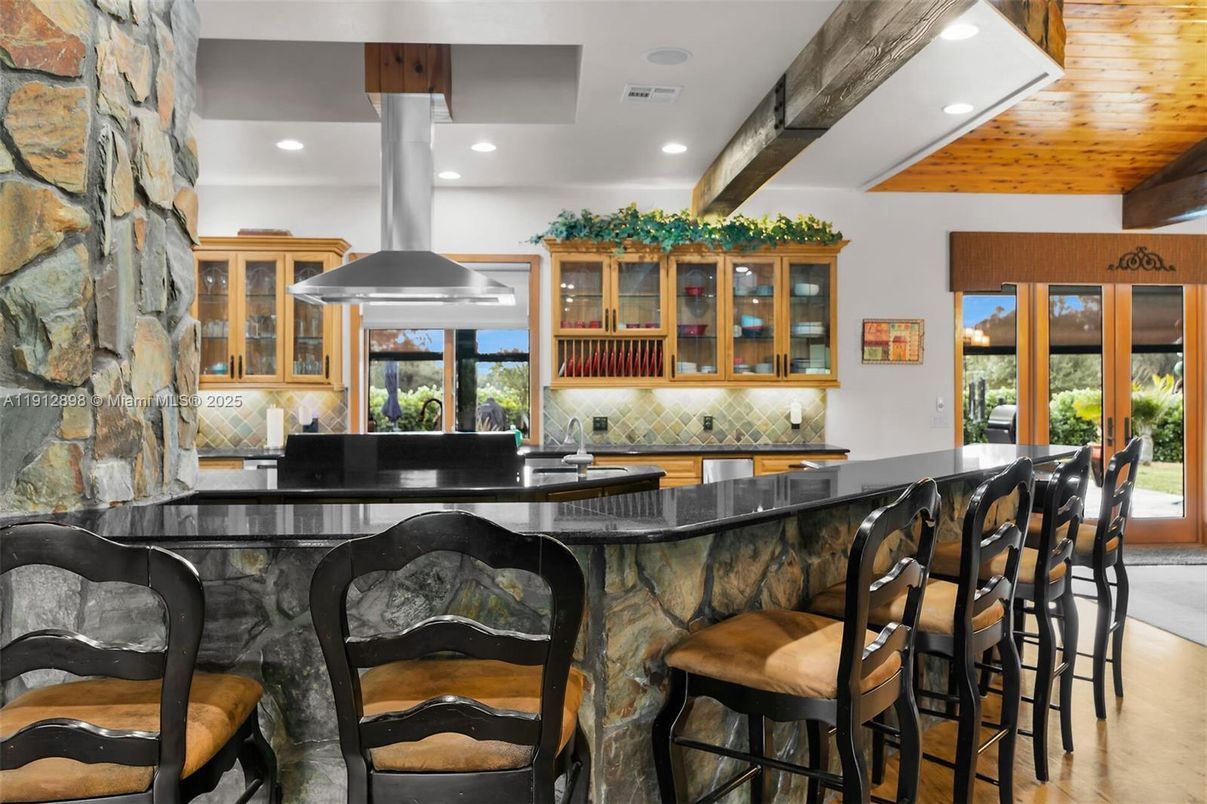 Interior, Kitchen, Recessed Lighting, Stone Walls, Wooden Beams, Wood Texture Flooring