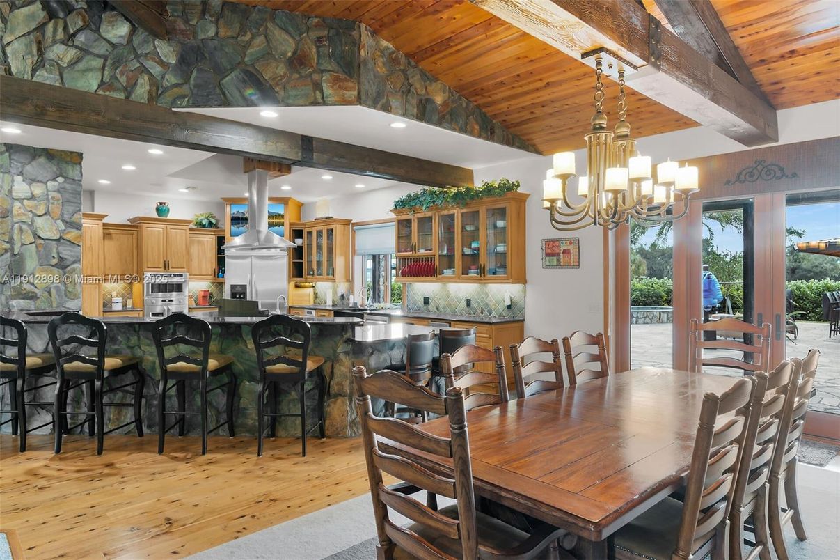 Chandelier, Dining room, Interior, Kitchen, Recessed Lighting, Stone Walls, Wooden Beams, Wooden Ceilings, Wood Texture Flooring
