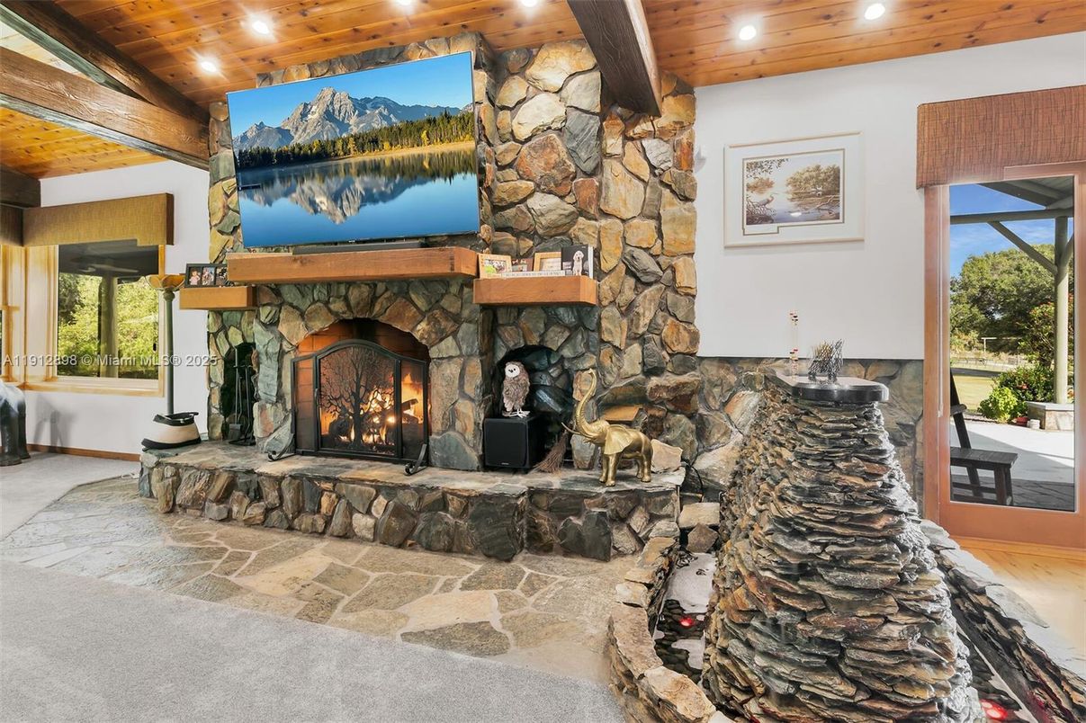 Fireplace, Interior, Recessed Lighting, Stone Walls, Wooden Beams, Wooden Ceilings