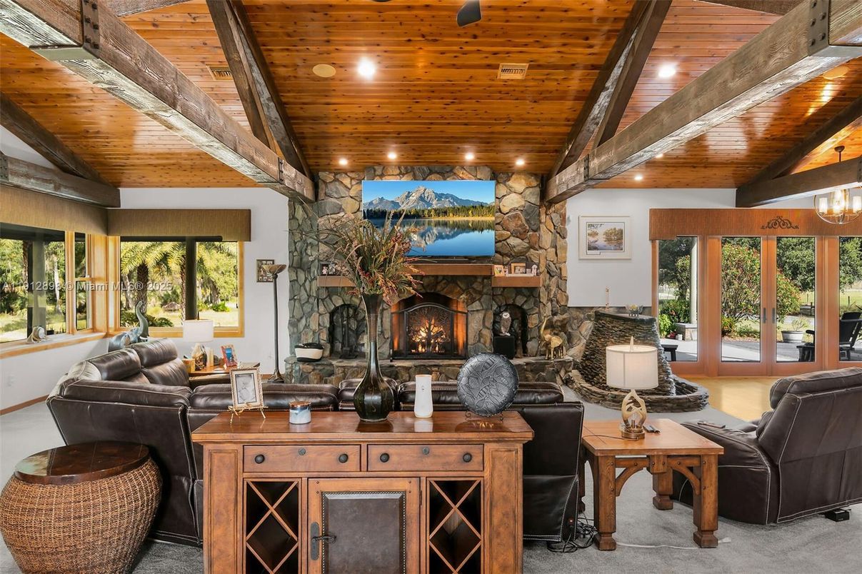 Fireplace, Interior, Living room, Recessed Lighting, Stone Walls, Wooden Beams, Wooden Ceilings