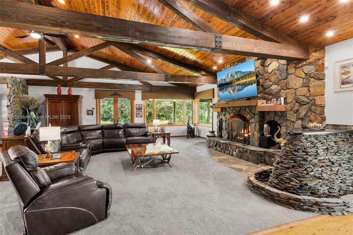 Fireplace, Interior, Living room, Recessed Lighting, Stone Walls, Wooden Beams, Wooden Ceilings