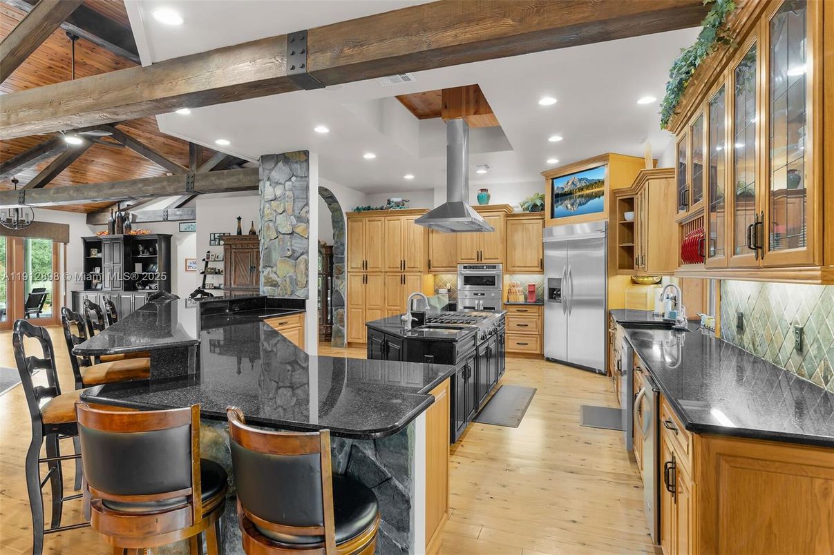 Interior, Kitchen, Recessed Lighting, Stainless Steel Appliances, Stone Walls, Wooden Beams, Wooden Ceilings, Wood Texture Flooring