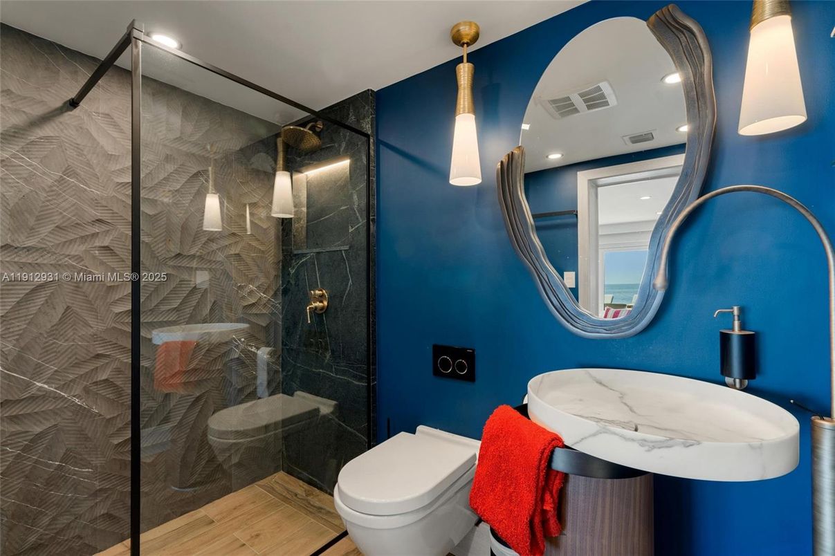 Bathroom, Glass Shower, Interior, Recessed Lighting, Wood Texture Flooring