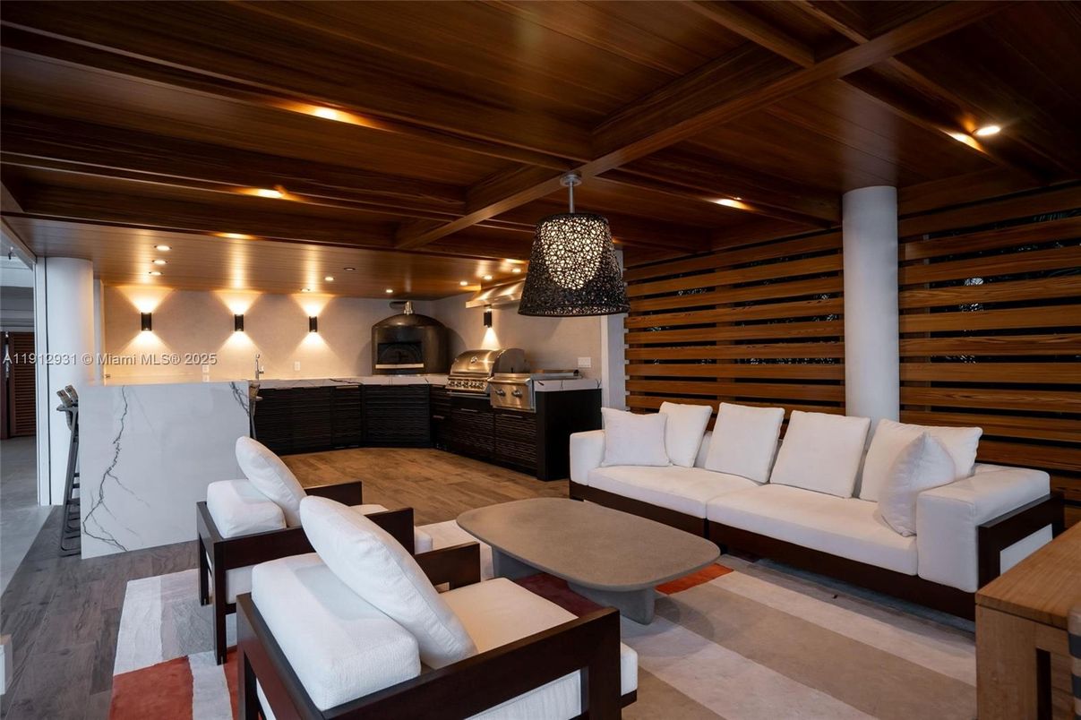 Interior, Kitchen, Living room, Pendant Lights, Recessed Lighting, Stainless Steel Appliances, Wooden Ceilings, Wood Texture Flooring