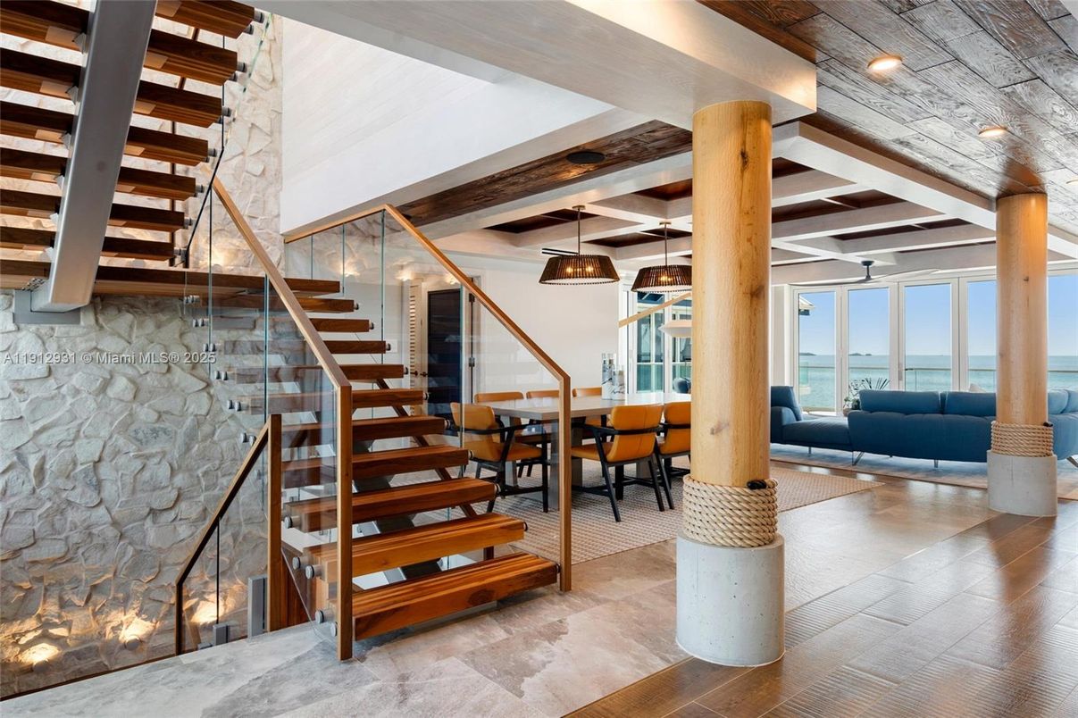 Dining room, Fireplace, Interior, Living room, Pendant Lights, Recessed Lighting, Wooden Beams