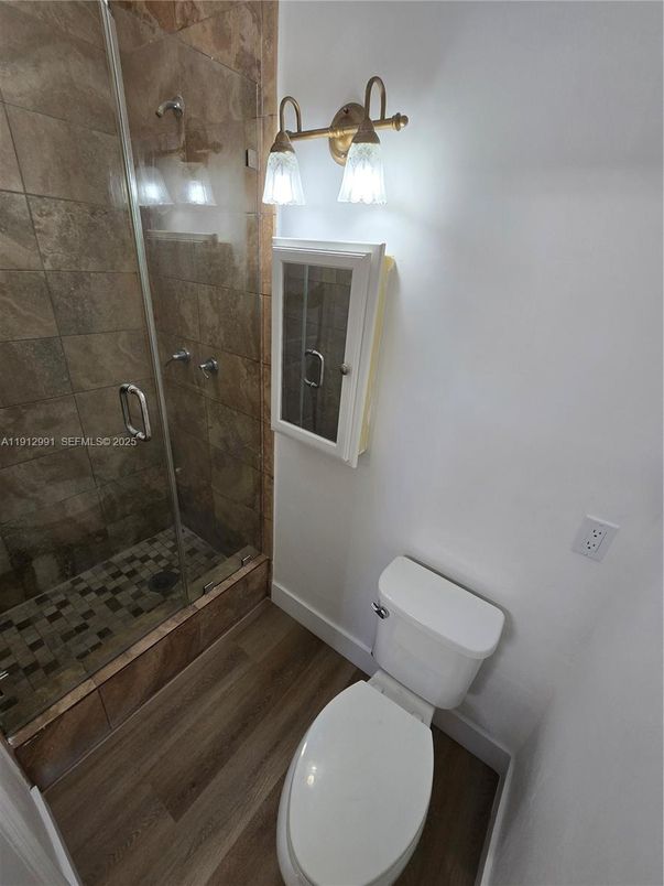 Bathroom, Glass Shower, Interior, Wood Texture Flooring