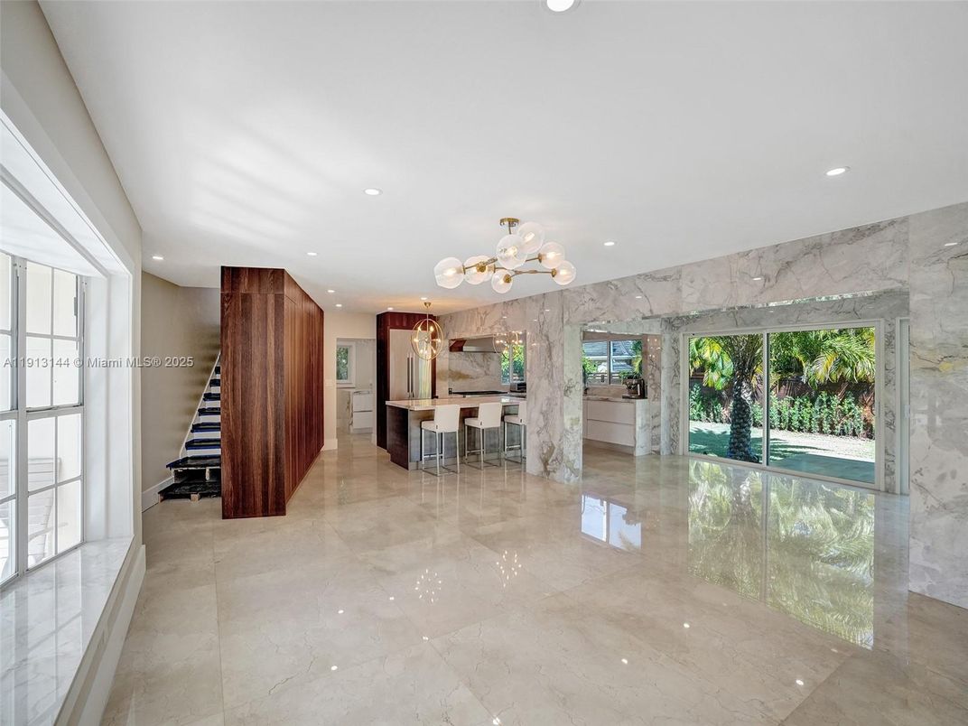 Interior, Kitchen, Marble Walls, Pendant Lights, Recessed Lighting