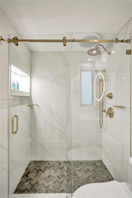 Bathroom, Glass Shower, Interior, Marble Walls, Recessed Lighting