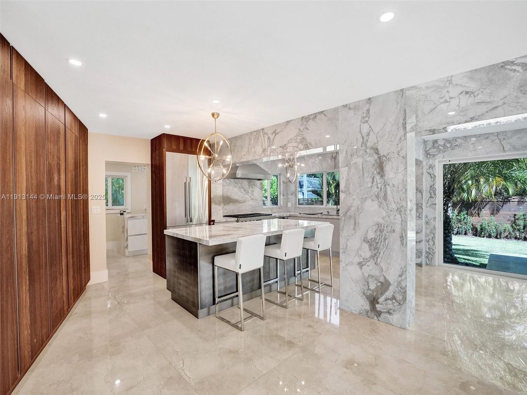 Interior, Kitchen, Marble Walls, Pendant Lights, Recessed Lighting