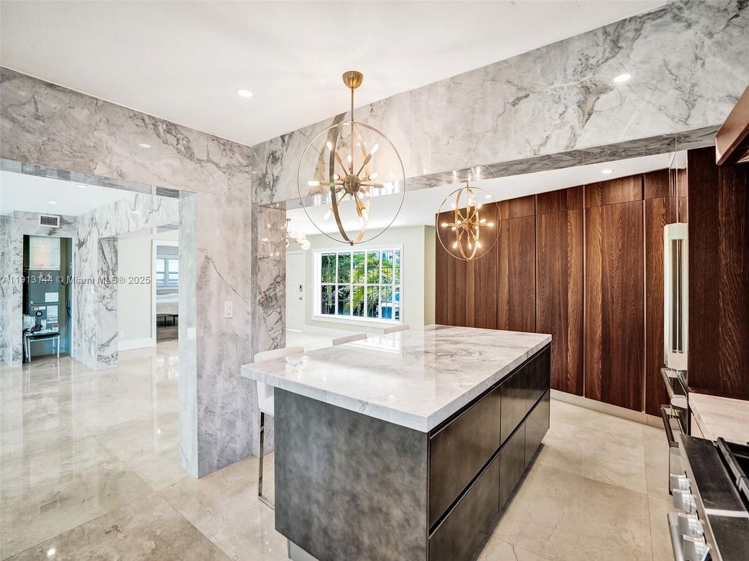 Interior, Kitchen, Marble Walls, Pendant Lights, Recessed Lighting