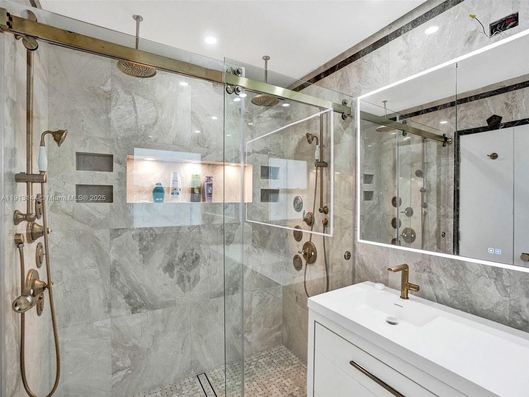 Bathroom, Glass Shower, Interior, Marble Walls, Recessed Lighting