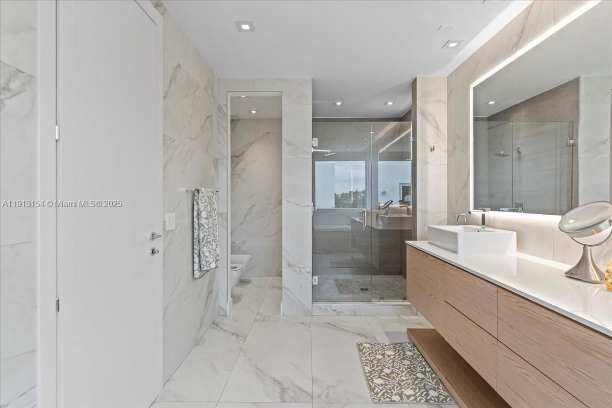 Bathroom, Glass Shower, Interior, Marble, Marble Walls, Recessed Lighting