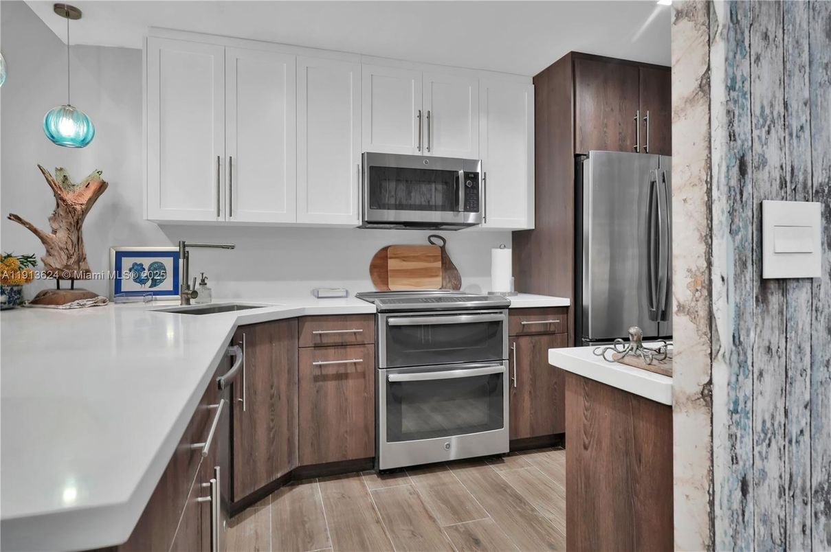 Interior, Kitchen, Pendant Lights, Stainless Steel Appliances, Wood Texture Flooring