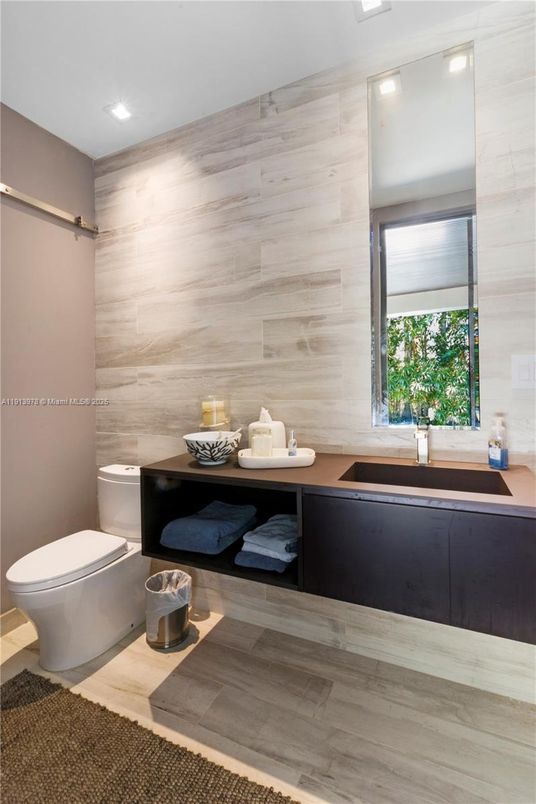 Bathroom, Interior, Recessed Lighting, Wood Texture Flooring, Wooden Walls