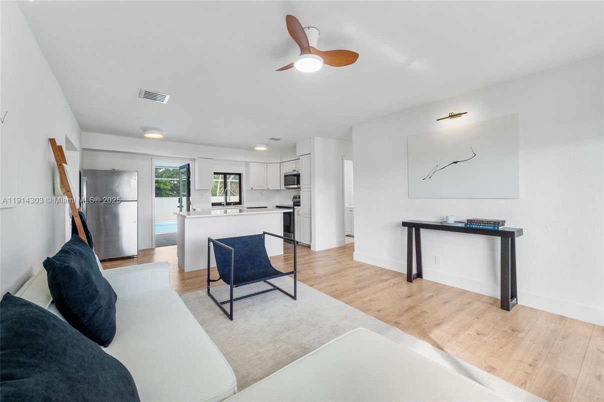 Interior, Kitchen, Living room, Stainless Steel Appliances, Wood Texture Flooring