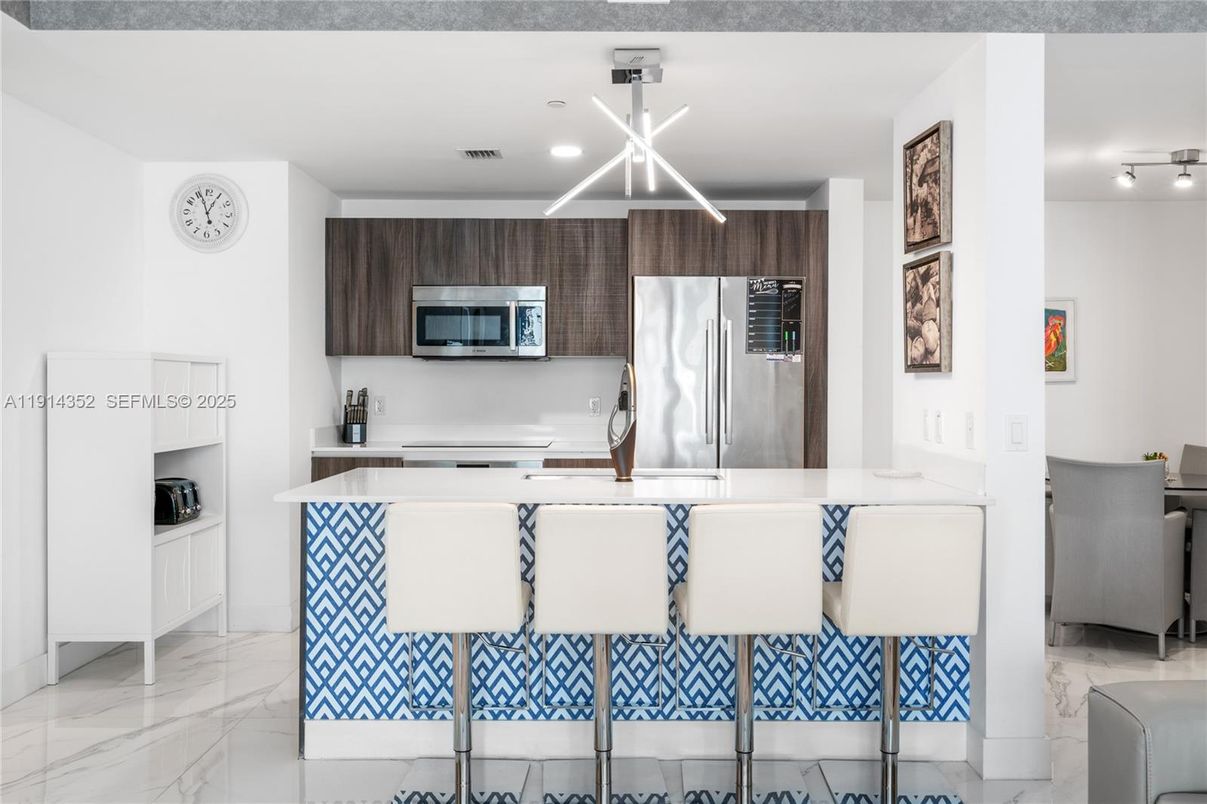 Interior, Kitchen, Marble, Pendant Lights, Recessed Lighting, Stainless Steel Appliances