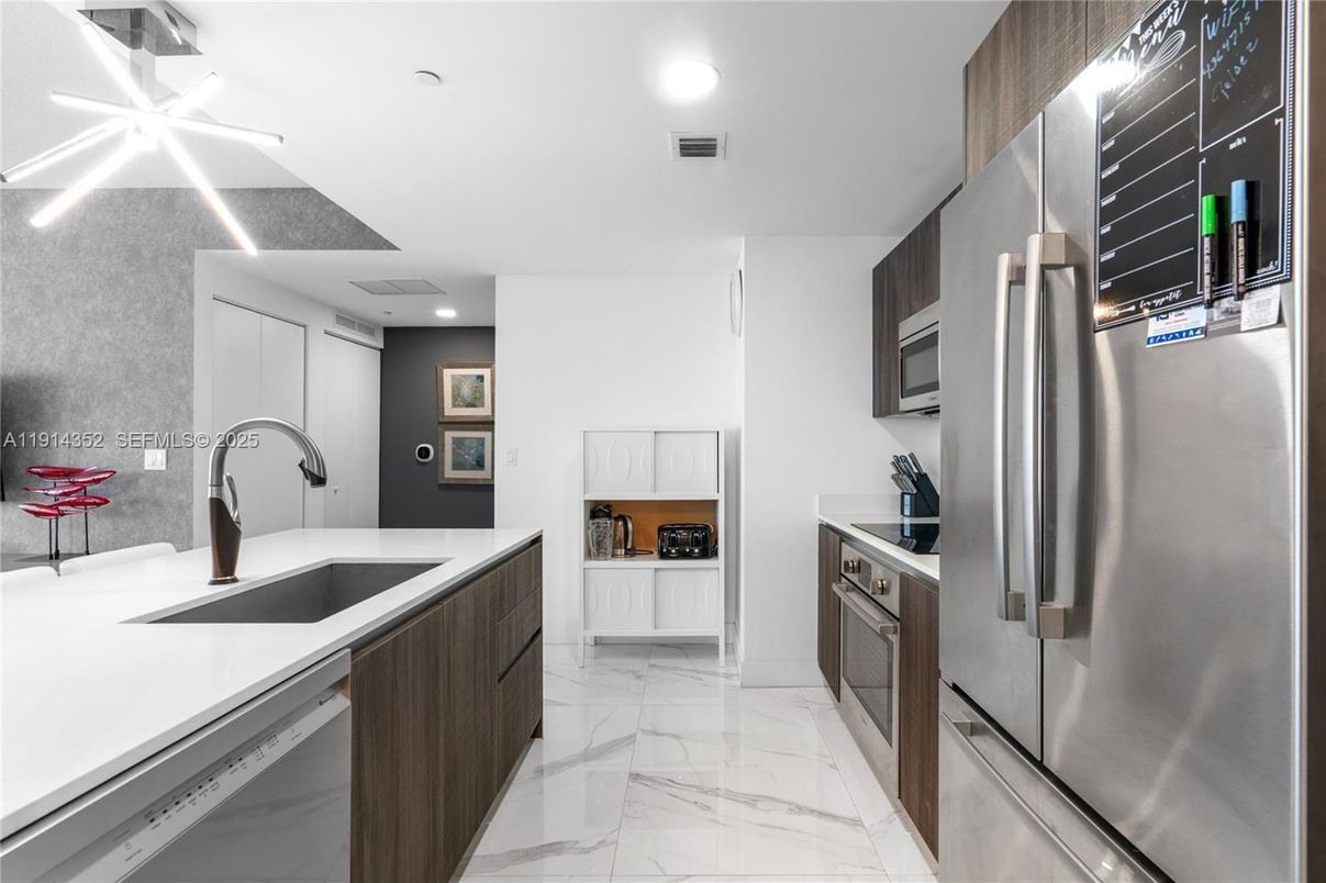Interior, Kitchen, Marble, Recessed Lighting, Stainless Steel Appliances