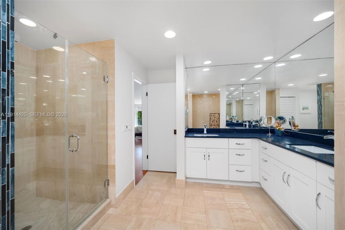 Bathroom, Dual Sink Vanities, Glass Shower, Interior, Recessed Lighting