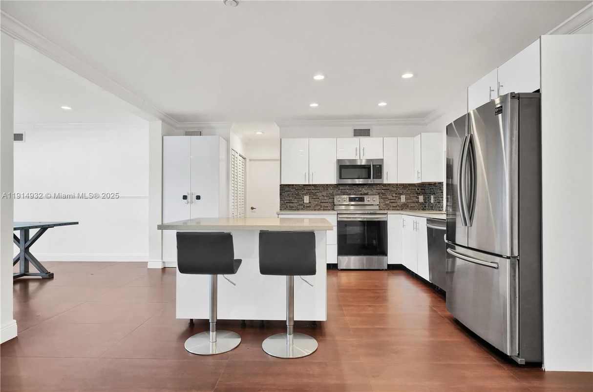 Interior, Kitchen, Recessed Lighting, Stainless Steel Appliances, Wood Texture Flooring