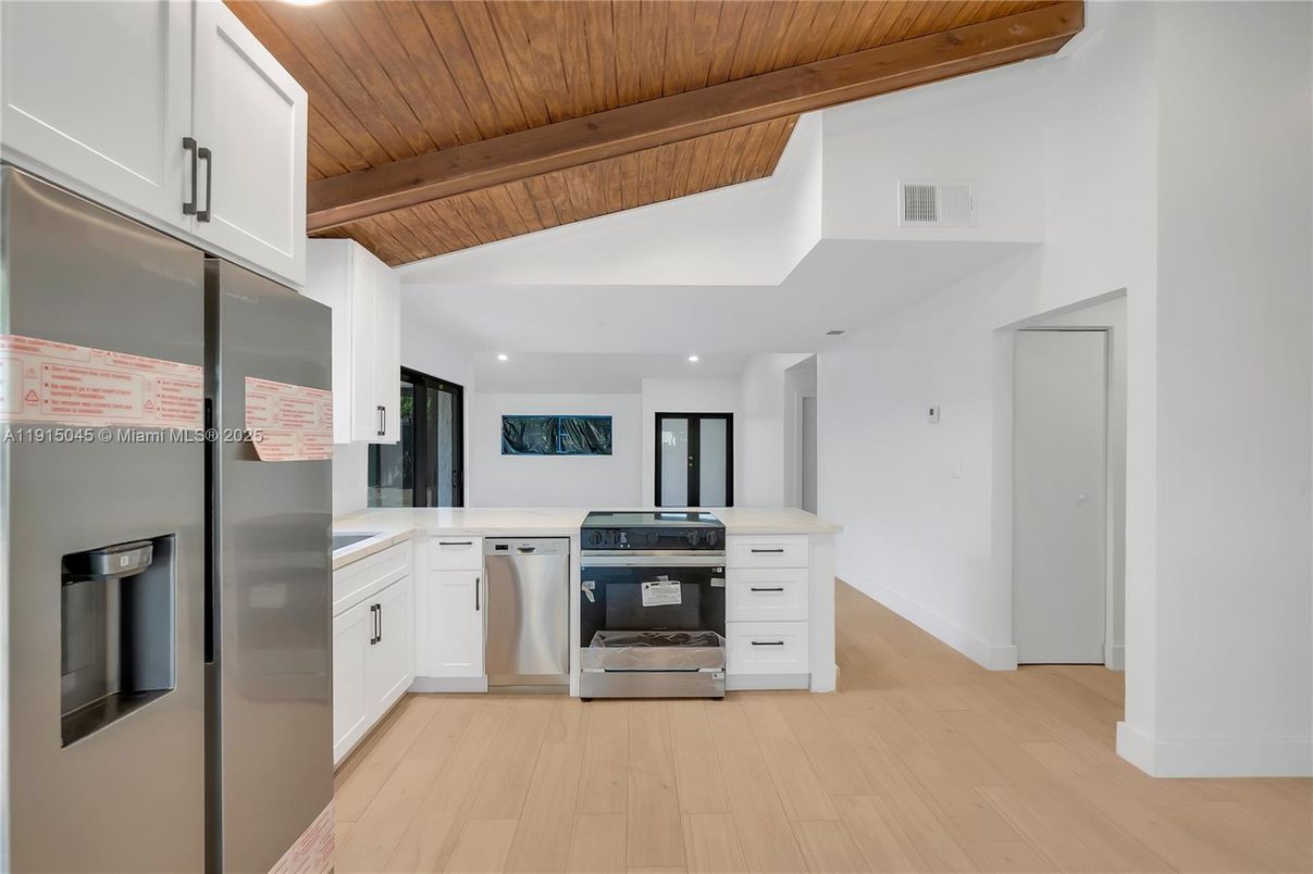 Interior, Kitchen, Recessed Lighting, Stainless Steel Appliances, Wooden Beams, Wooden Ceilings, Wood Texture Flooring