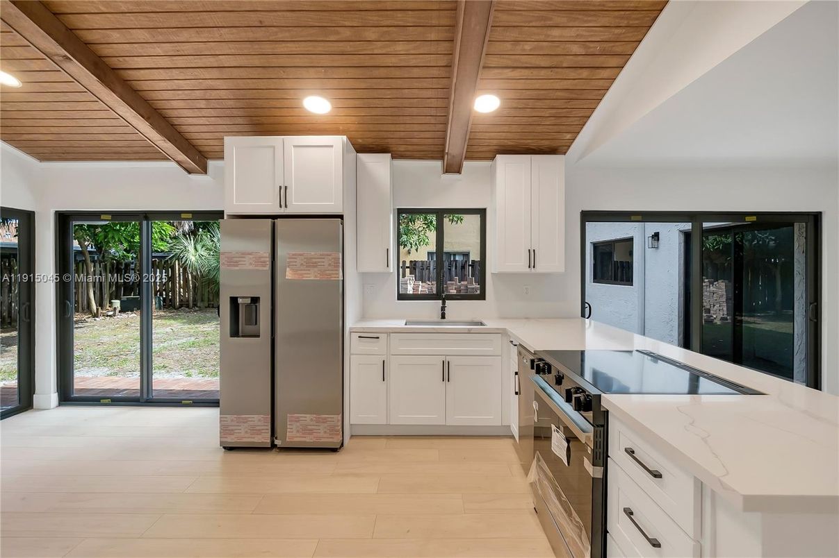 Interior, Kitchen, Recessed Lighting, Stainless Steel Appliances, Wooden Beams, Wooden Ceilings, Wood Texture Flooring