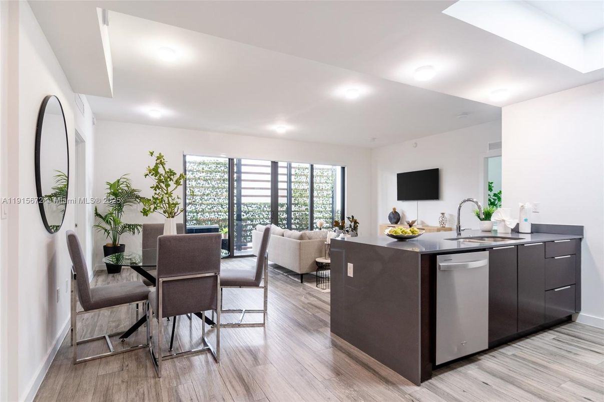 Dining room, Interior, Kitchen, Living room, Recessed Lighting, Wood Texture Flooring