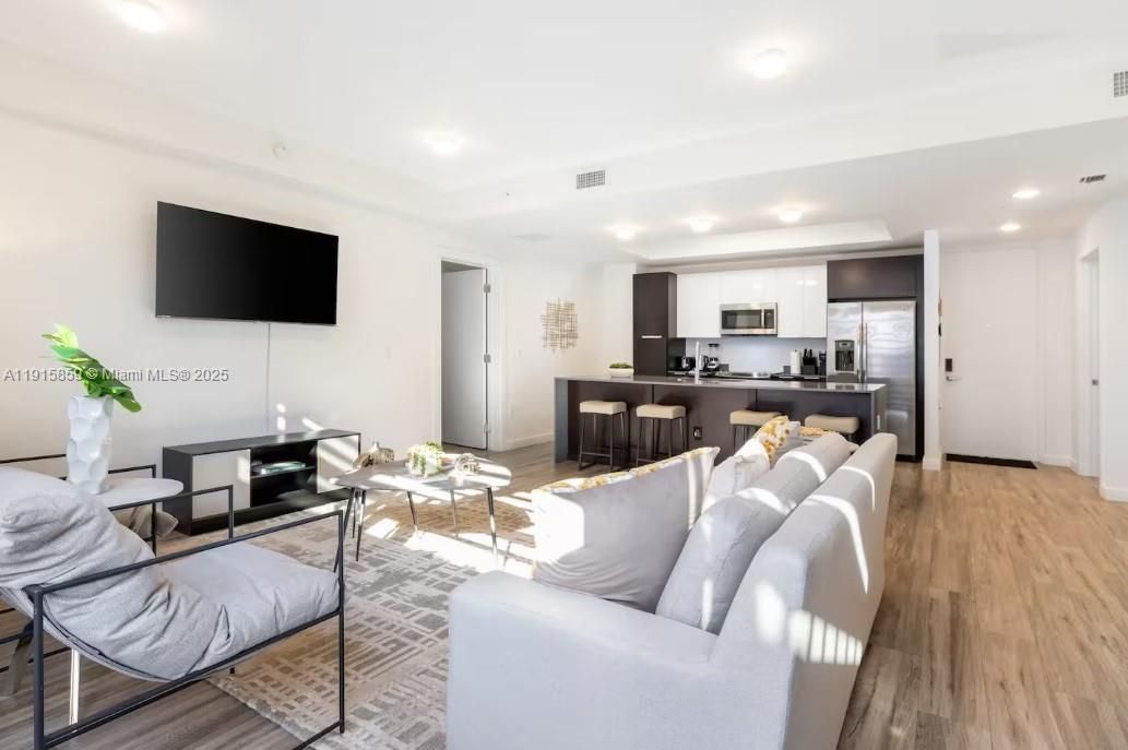 Interior, Kitchen, Living room, Recessed Lighting, Stainless Steel Appliances, Wood Texture Flooring