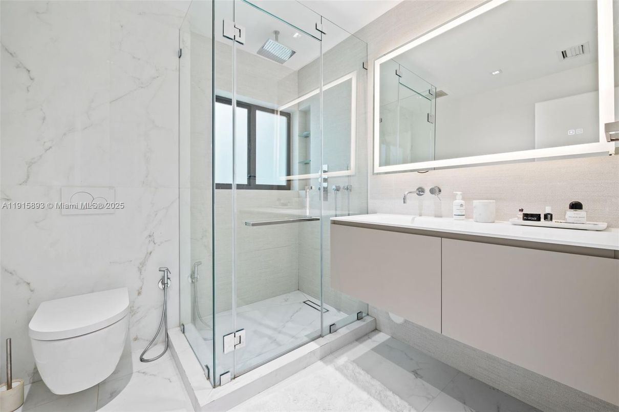 Bathroom, Glass Shower, Interior, Marble, Marble Walls, Recessed Lighting