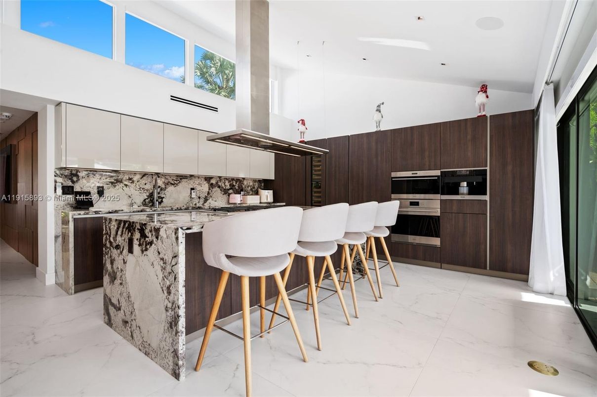 Interior, Kitchen, Marble, Pendant Lights, Recessed Lighting, Stainless Steel Appliances