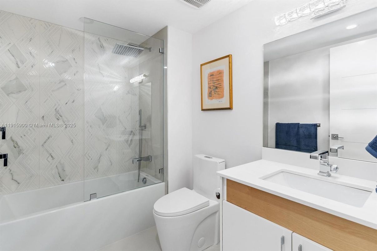 Bathroom, Glass Shower, Interior, Marble Walls, Recessed Lighting