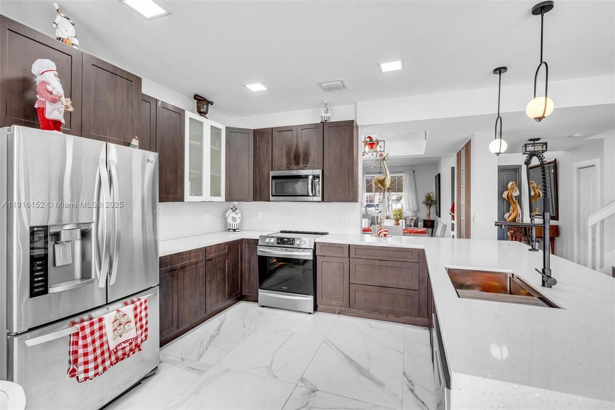 Interior, Kitchen, Marble, Pendant Lights, Recessed Lighting, Stainless Steel Appliances