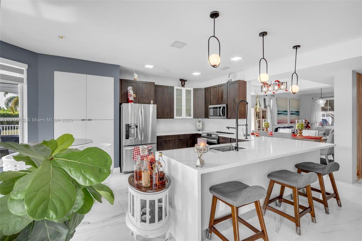 Interior, Kitchen, Marble, Pendant Lights, Recessed Lighting, Stainless Steel Appliances