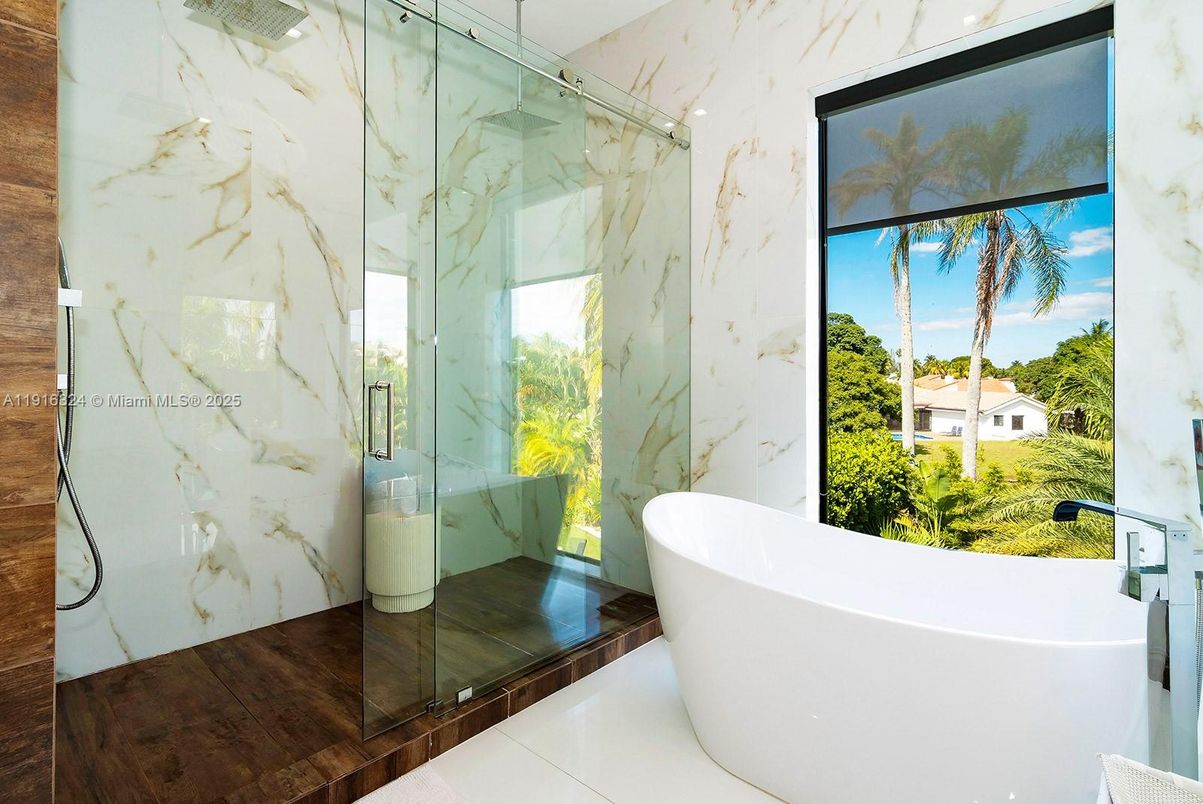 Bathroom, Free Standing Baths, Glass Shower, Interior, Marble Walls
