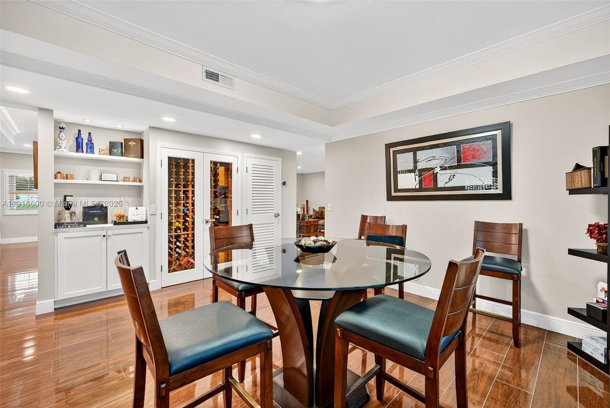Dining room, Interior, Recessed Lighting, Wood Texture Flooring