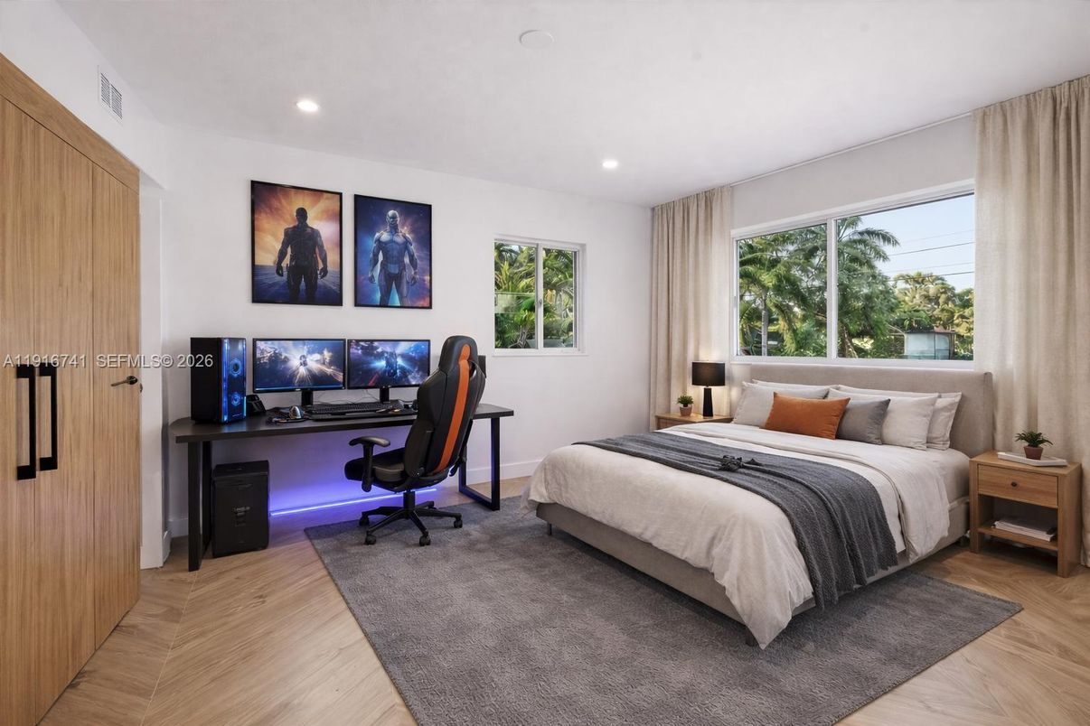 Bedroom, Home Office, Interior, Recessed Lighting, Wood Texture Flooring