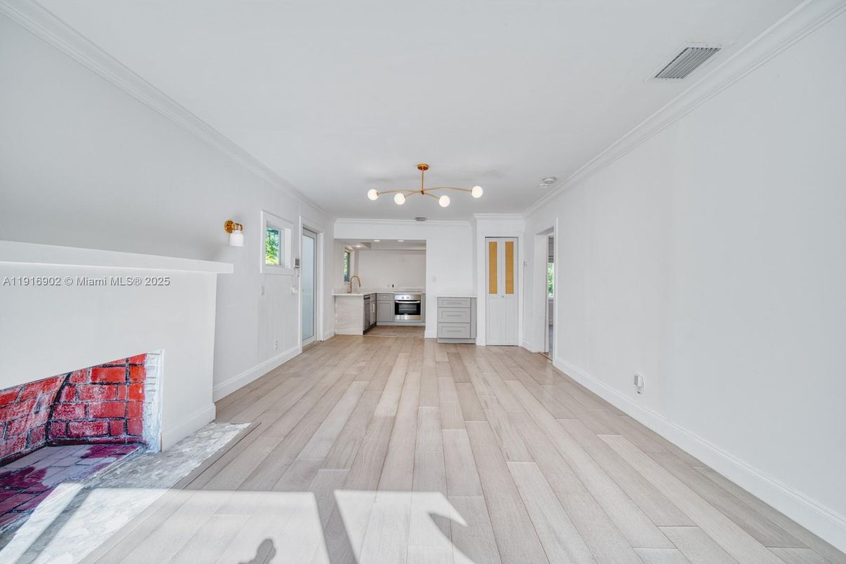 Empty room, Interior, Kitchen, Stainless Steel Appliances, Wood Texture Flooring