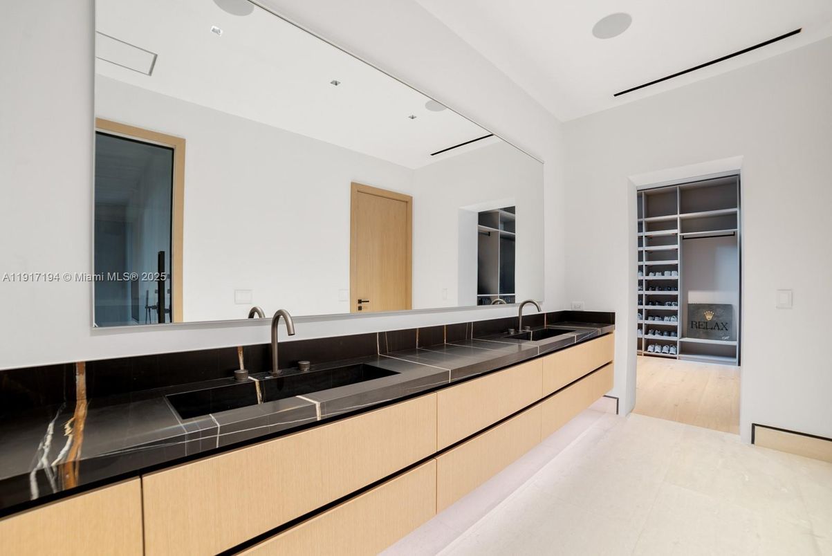 Bathroom, Dual Sink Vanities, Interior, Recessed Lighting, Wood Texture Flooring