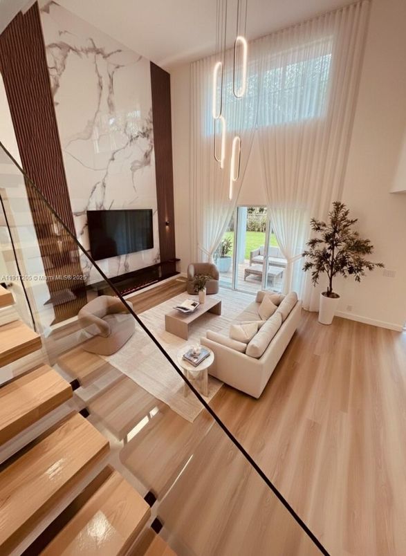 Fireplace, Interior, Living room, Pendant Lights, Wood Texture Flooring