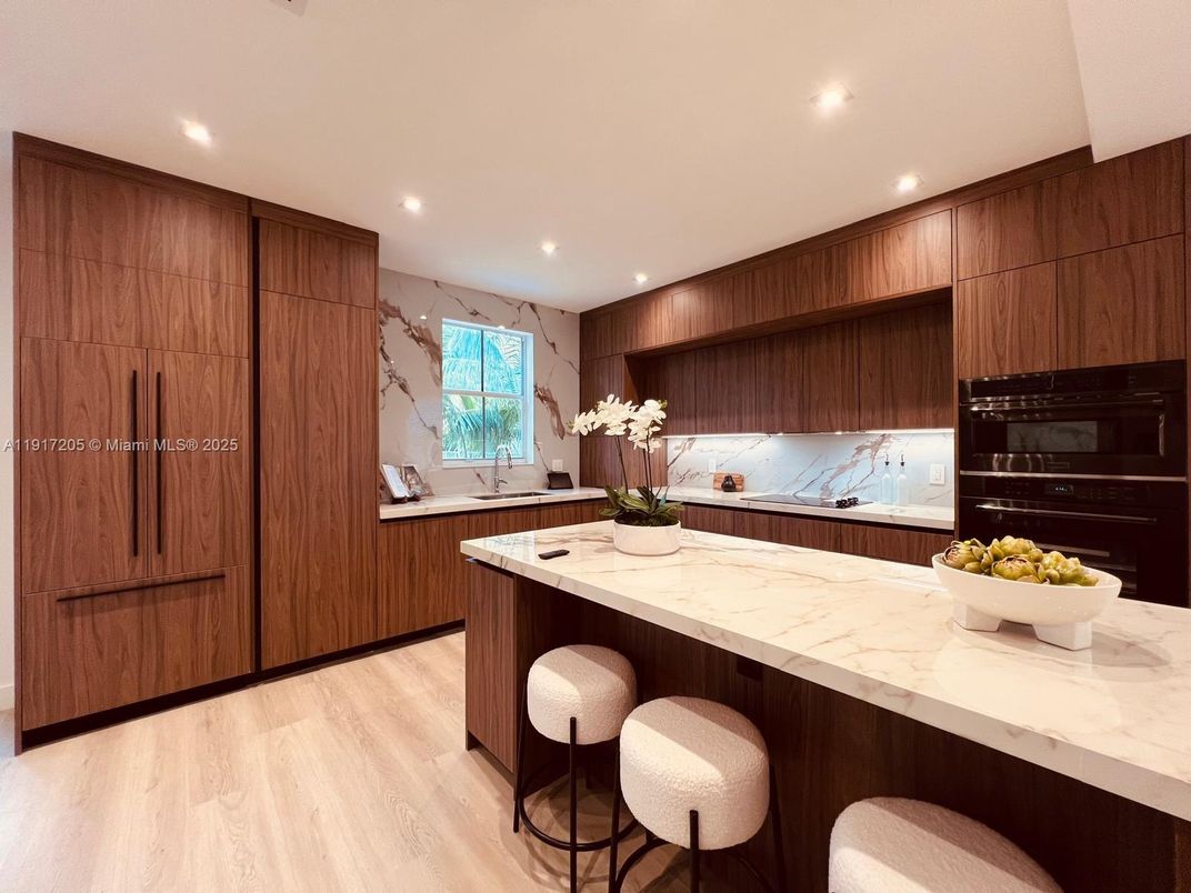 Interior, Kitchen, Marble Walls, Recessed Lighting, Wood Texture Flooring