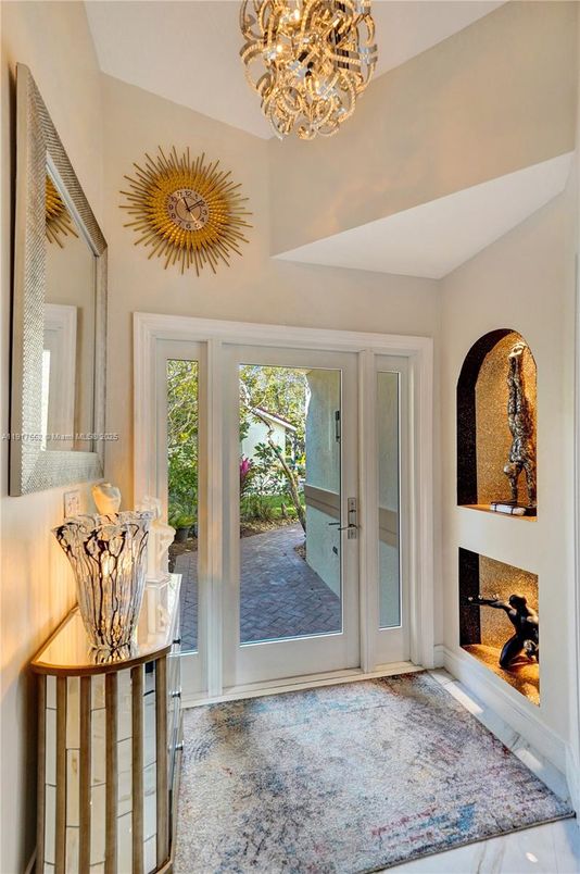 Chandelier, Fireplace, Interior